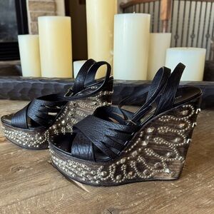 Roberto Cavalli Black Studded Wooden Wedge Platform Sandals